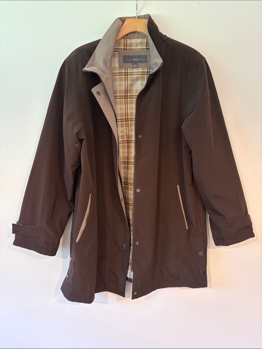 Liz Claiborne Brown Women’s Raincoat with Plaid Lining Size L